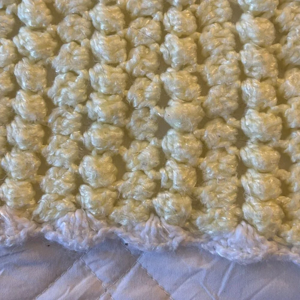 Vintage Handmade Crochet Baby Blanket Yellow White Soft Nursery Rectangle‎ Retro